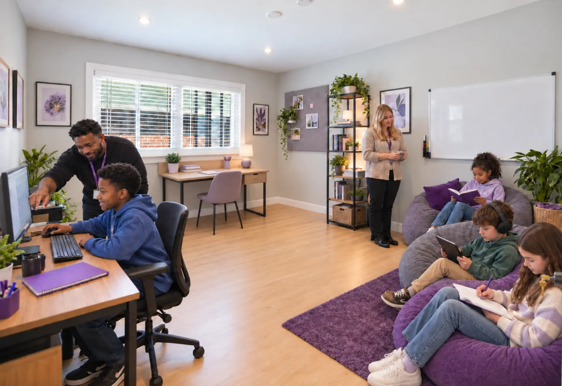 Young people learning and relaxing with support from caregivers